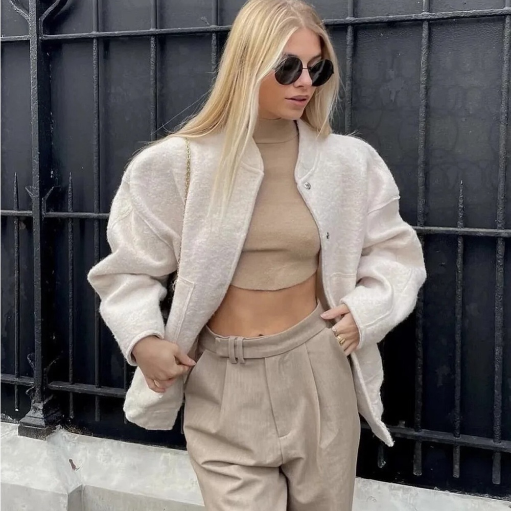 Women's Cream Bomber Jacket - Soft Plush Oversized Style